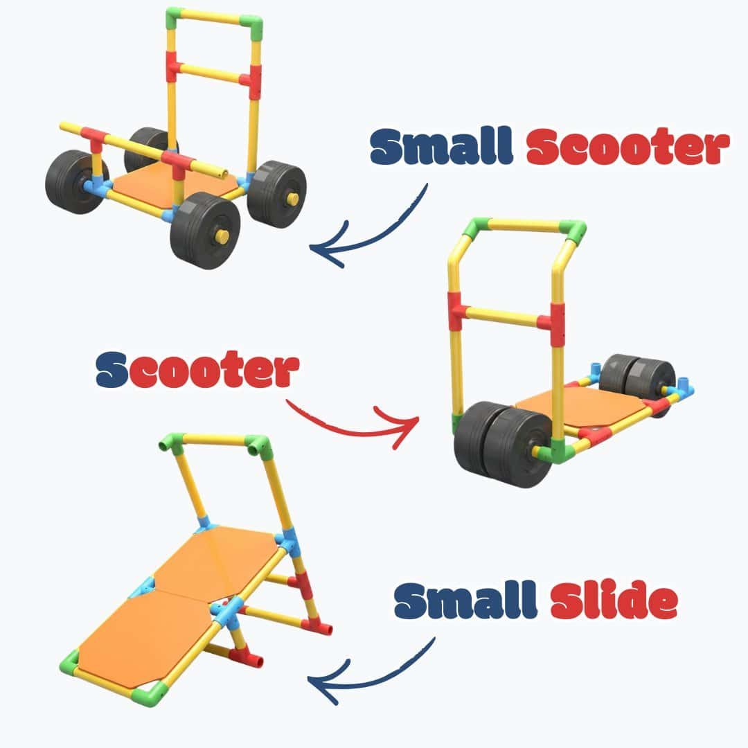 Build Your Own Scooter, Small Scooter, and Small Slide with 220 Pieces.
