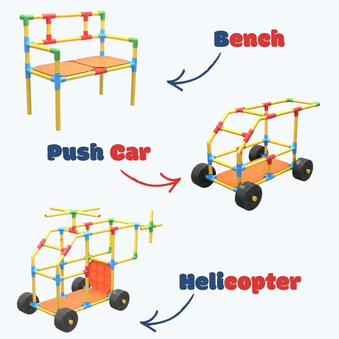 Versatile building set for kids to create benches, push cars, and helicopters with colorful plastic.