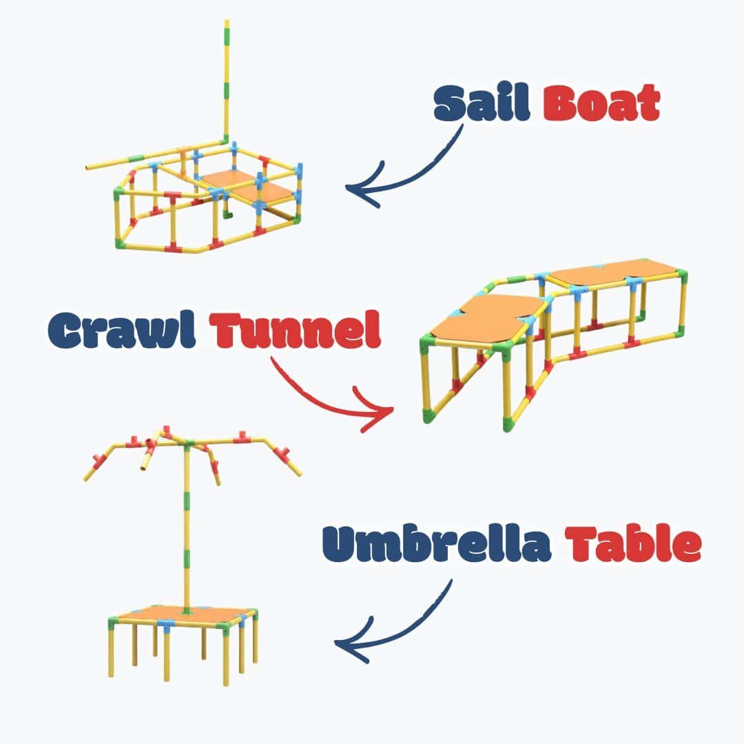 Modular play set with sail boat, crawl tunnel, and umbrella table for kids.