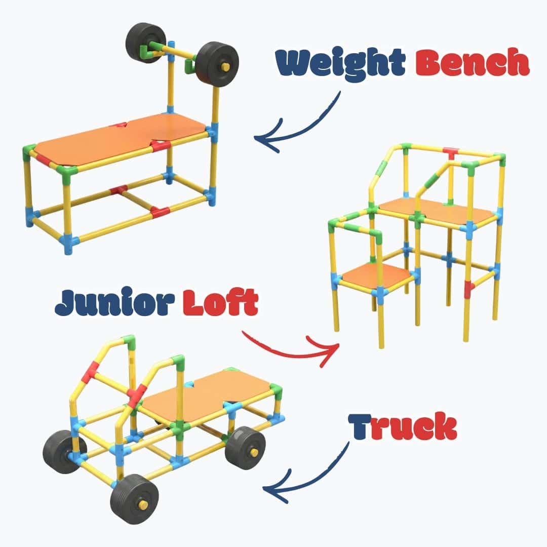 Versatile building set with tubes, connectors, and safety clips for creative construction.