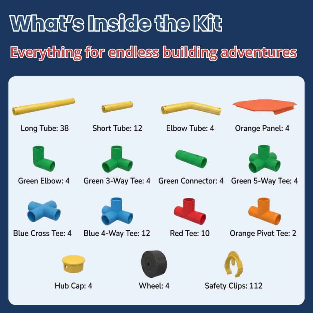 Versatile building set with tubes, connectors, and safety clips for creative construction.