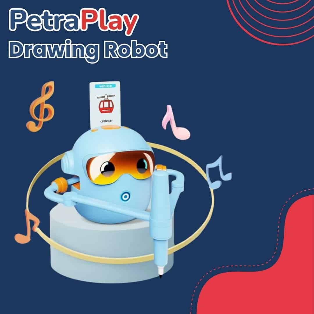 Interactive drawing robot with 100 learning cards for children’s creativity and education.