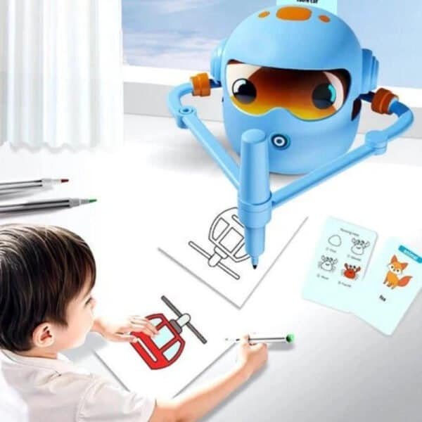 Interactive drawing robot for kids with 100 learning cards for creative education.