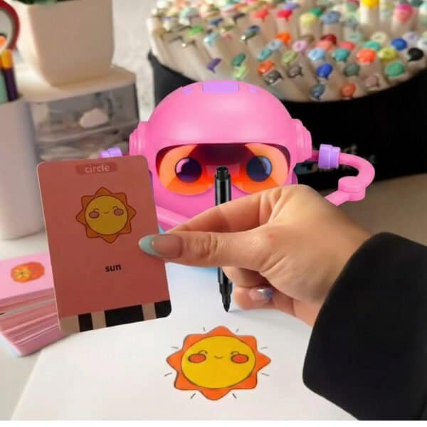 Interactive drawing robot for kids with 100 learning cards for creative education.