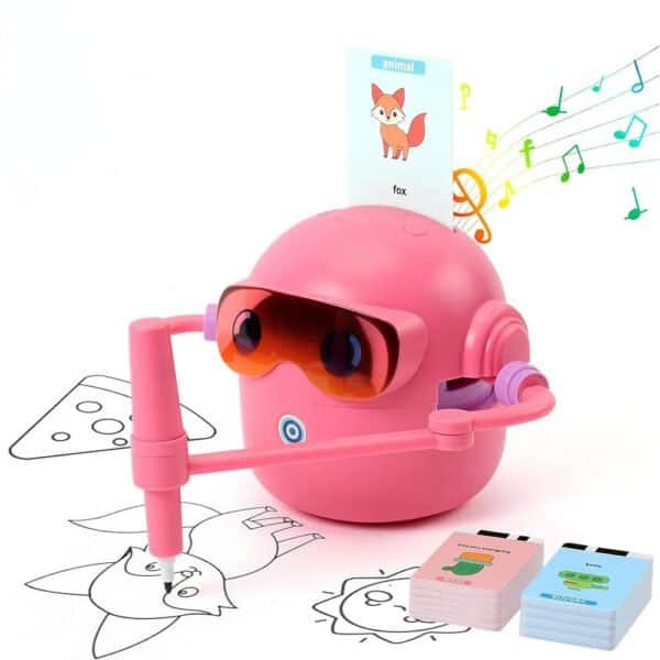 Interactive drawing robot with educational cards for children’s creativity and learning.