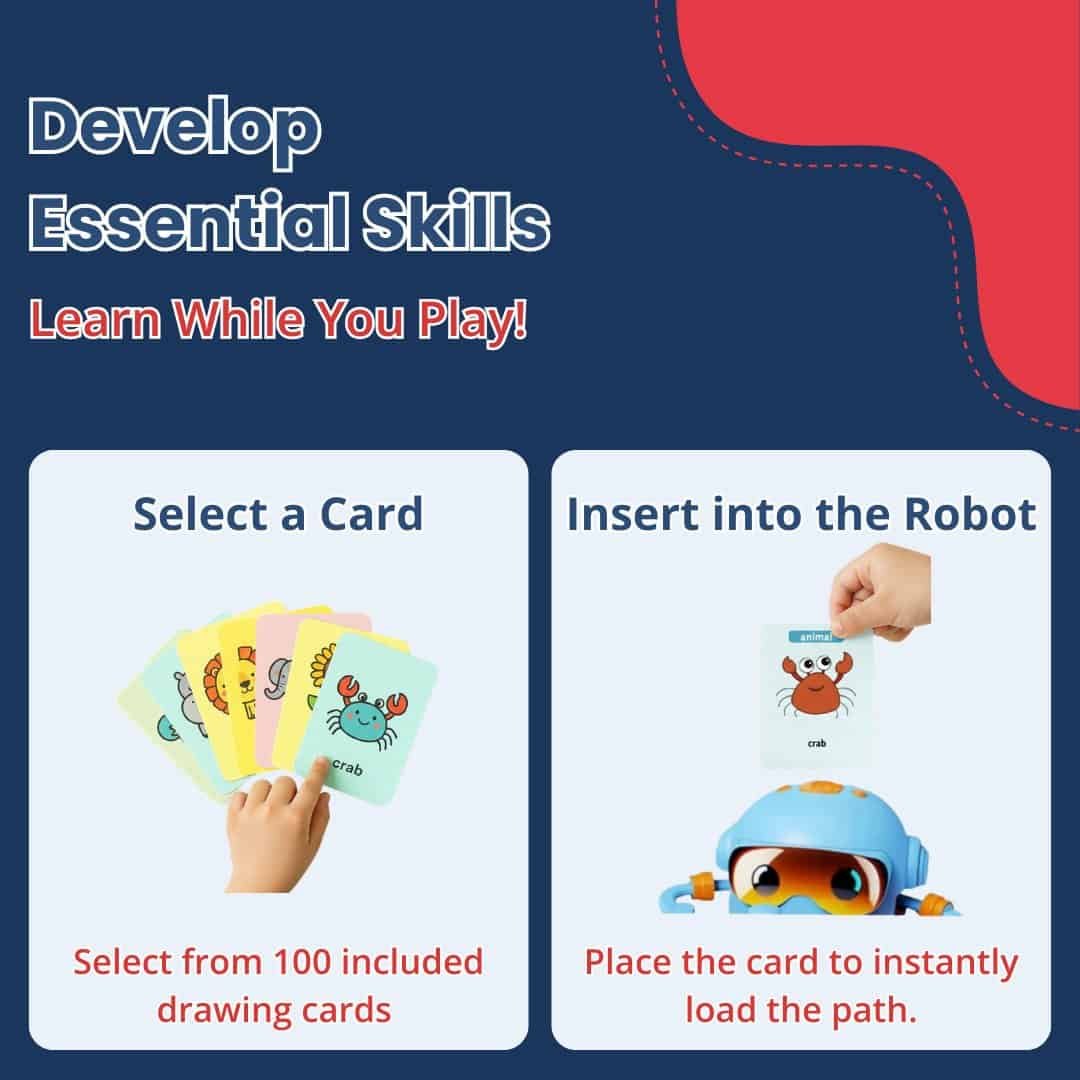Interactive drawing robot with learning cards for kids' creative play.