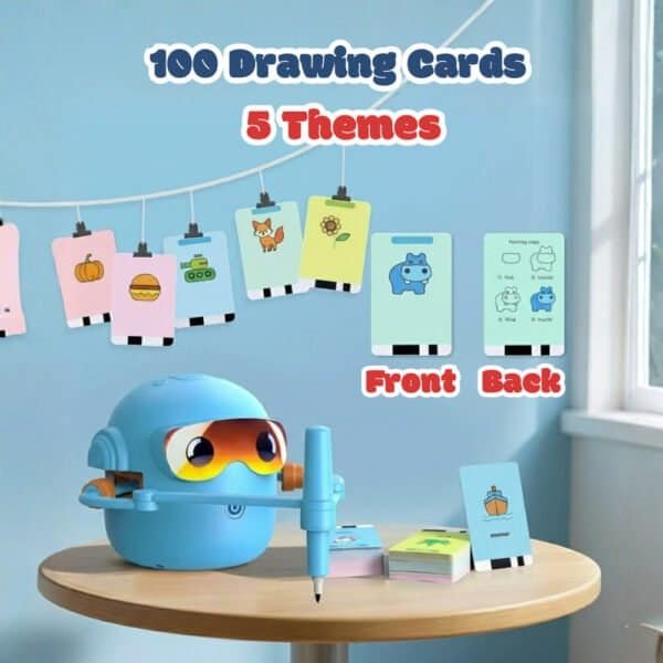 Interactive drawing robot with 100 learning cards and 5 themes for kids' creative education.
