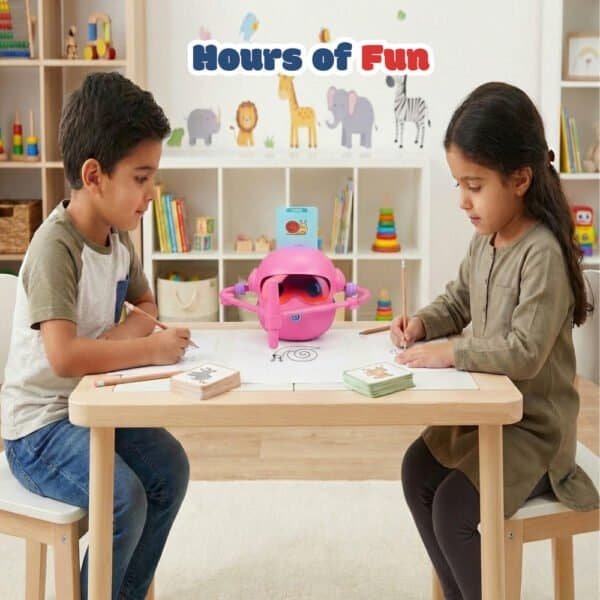 Interactive drawing robot with learning cards for kids.