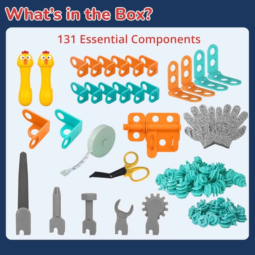 Cardboard construction toy with colorful connectors and tools for kids.