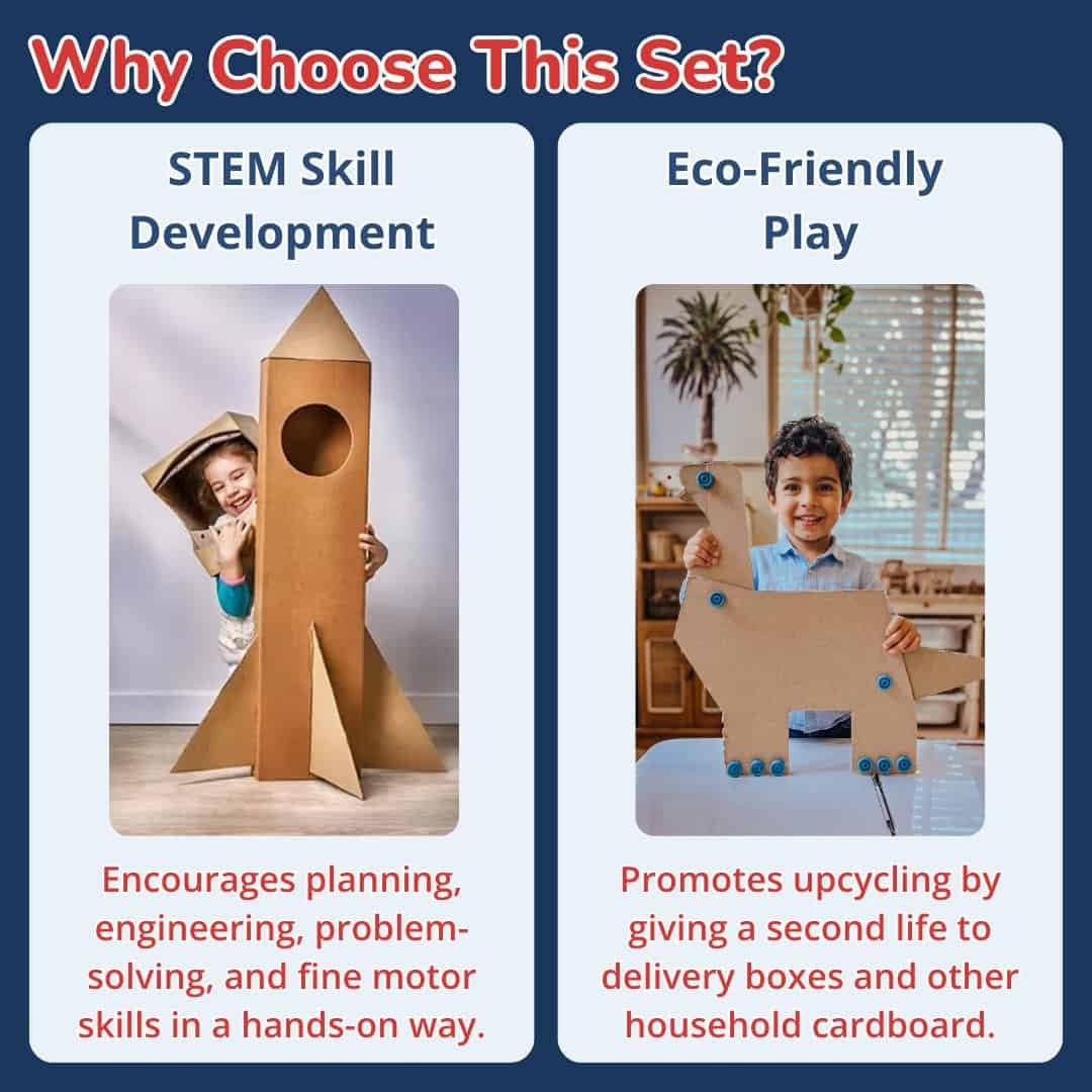 Kids playing with a rocket-shaped cardboard building set for STEM learning.