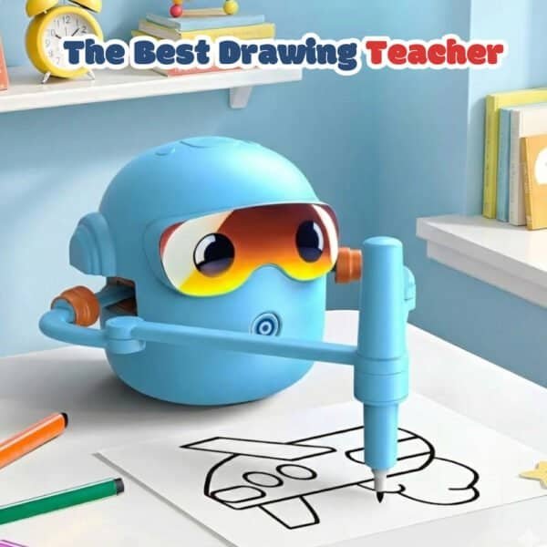 Interactive drawing robot with colorful design and drawing pen, ideal for children learning to draw.