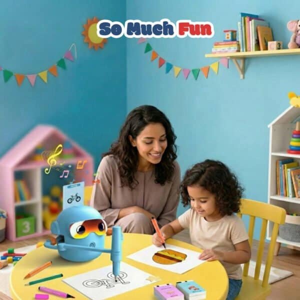 Interactive drawing robot for kids with learning cards, fun educational activity.