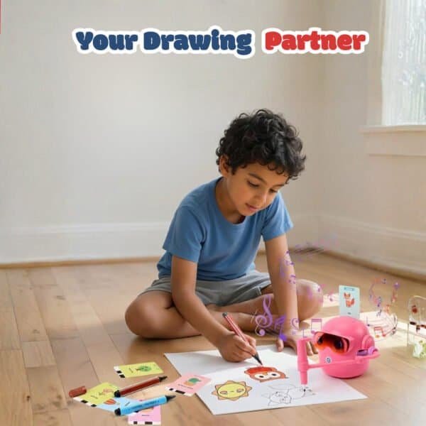 Child drawing with Petra Play interactive drawing robot and learning cards for creative play.