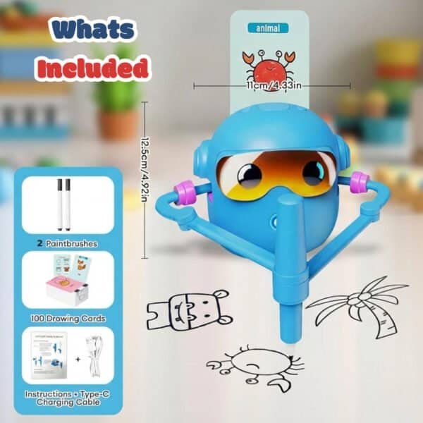 Interactive drawing robot with learning cards for kids.