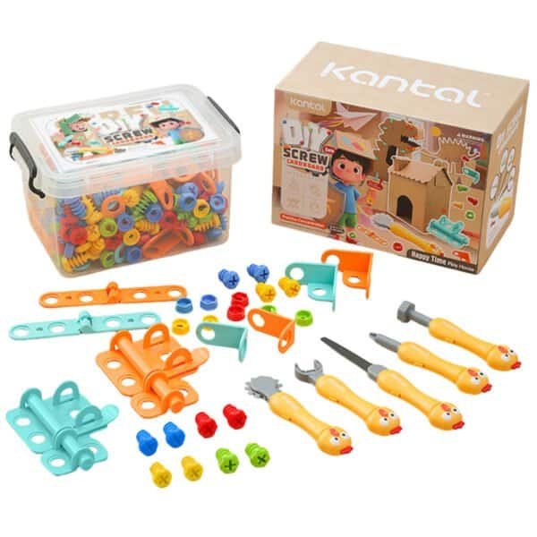 Kids' cardboard construction kit with screws, tools, and colorful connectors for creative play.