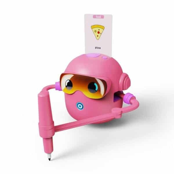 Pink interactive drawing robot for kids with learning cards and drawing pen.