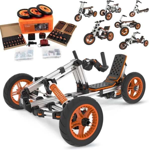 Electric go-kart with orange wheels and adjustable seat, includes tools and accessories for assembly.