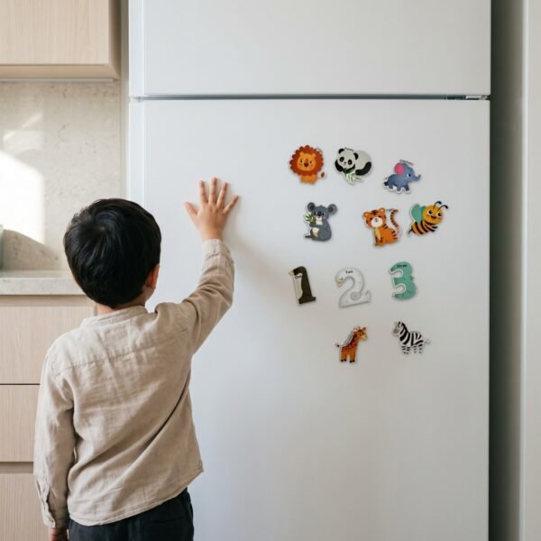 Animal & Number Magnets: on a fridge door at home