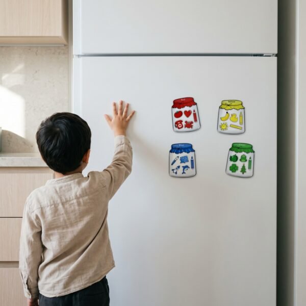 Colour-Sorting Jars Magnet Set: on a fridge door at home