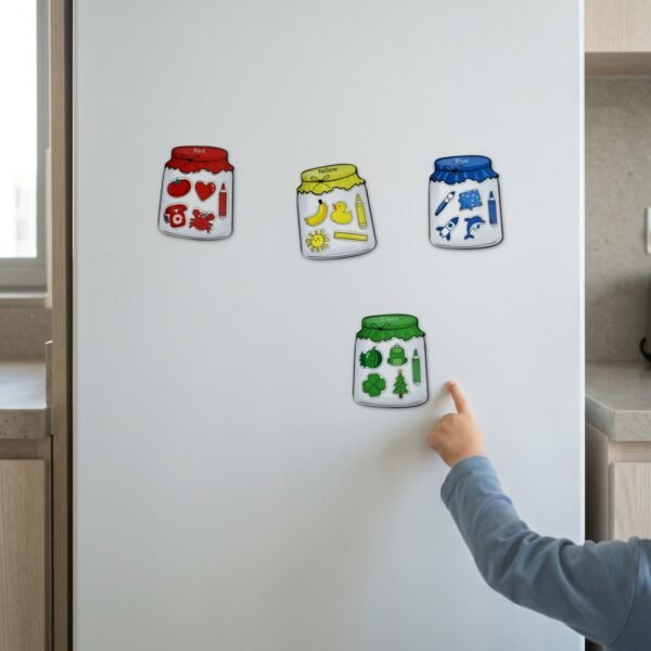 Colour-Sorting Jars Magnet Set: a child placing a piece