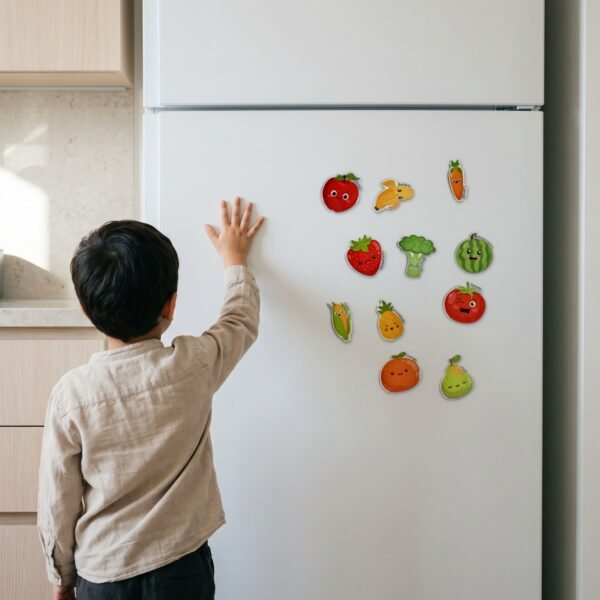 Fruit & Vegetable Magnets: on a fridge door at home Fruit & Vegetable Magnets: on a fridge door at home