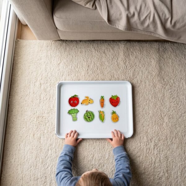 Fruit & Vegetable Magnets: played on a tray Fruit & Vegetable Magnets: played on a tray