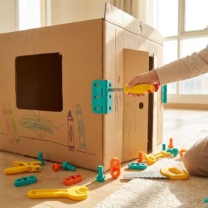 Cardboard play-house built with the construction kit