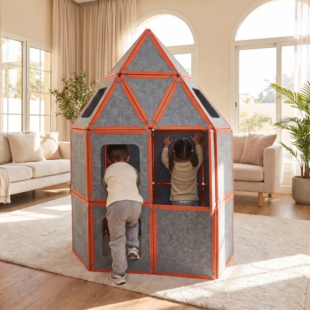 Play-house built from giant magnetic tiles