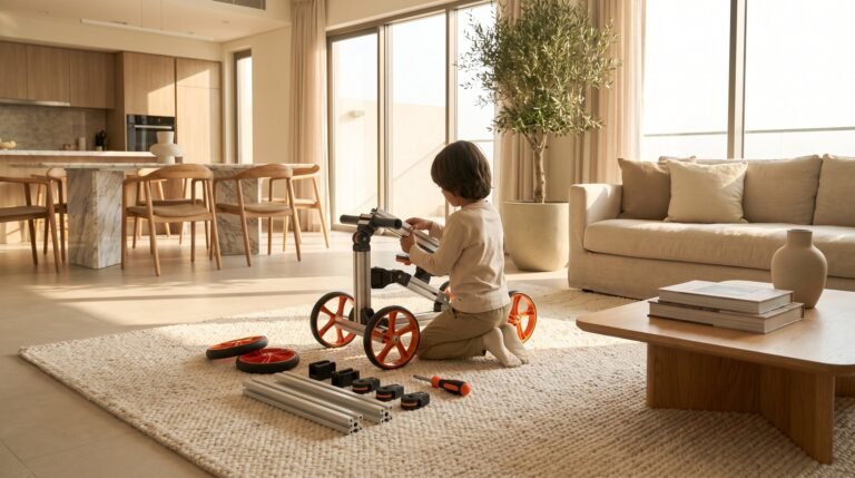 Child building a modular ride-on at home