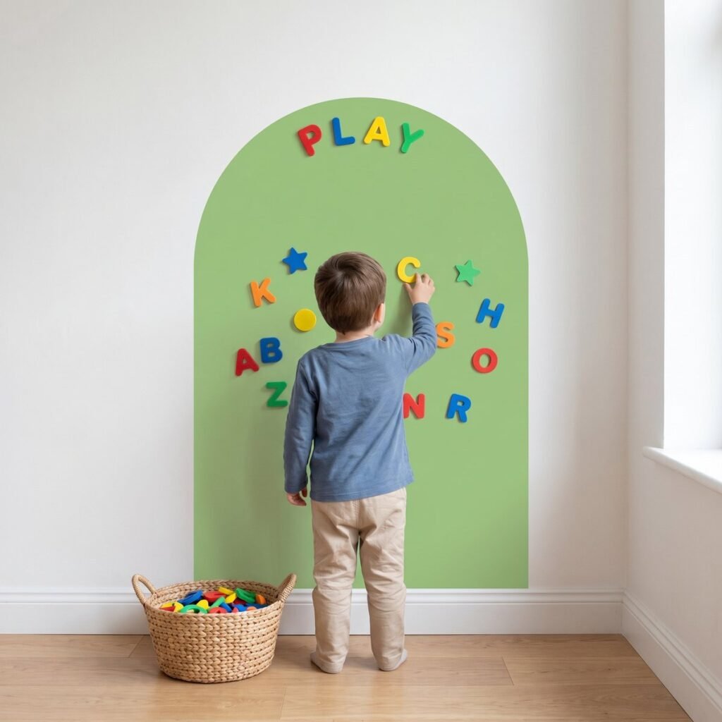 Child placing magnets on a magnetic wall decal