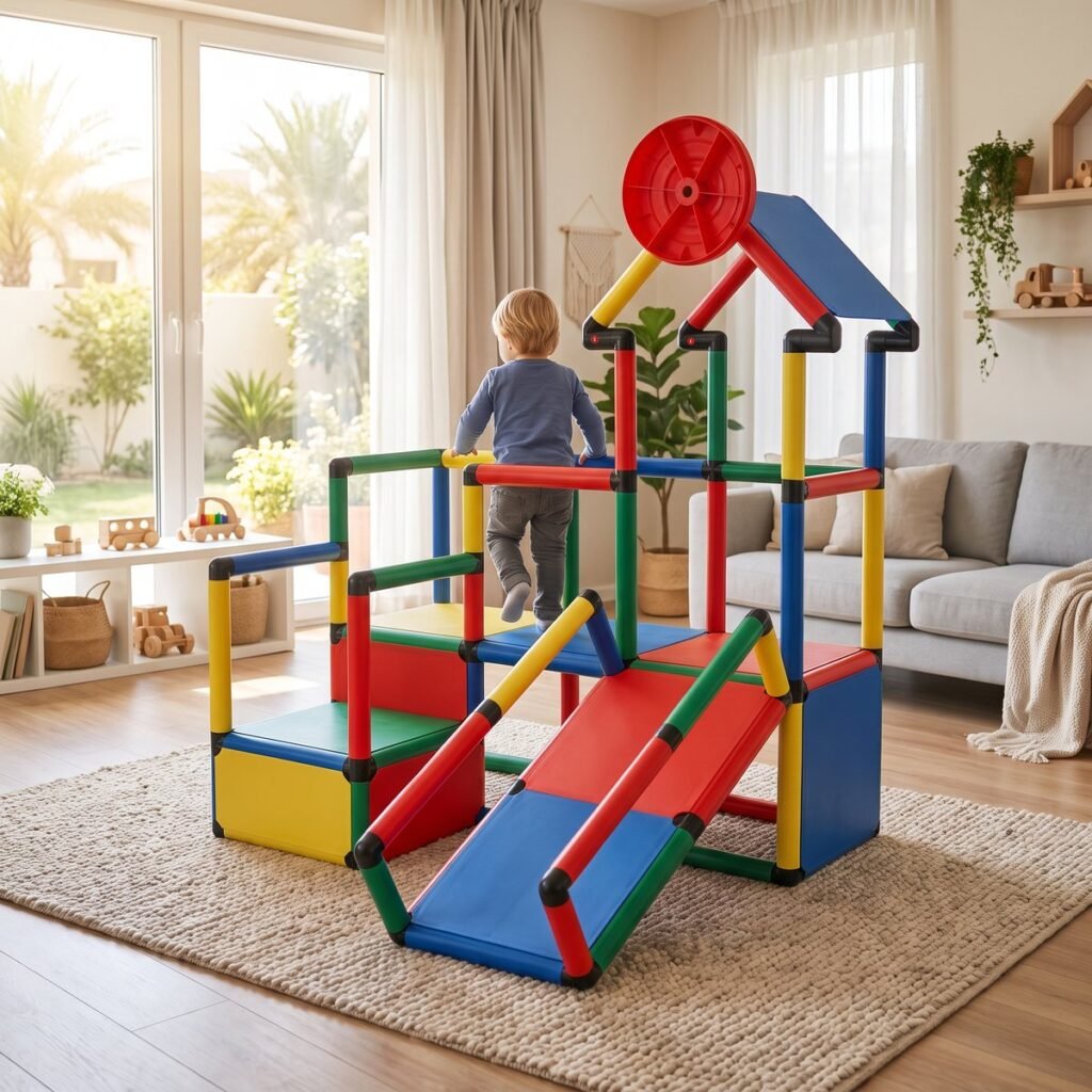 Modular indoor climbing frame with slide