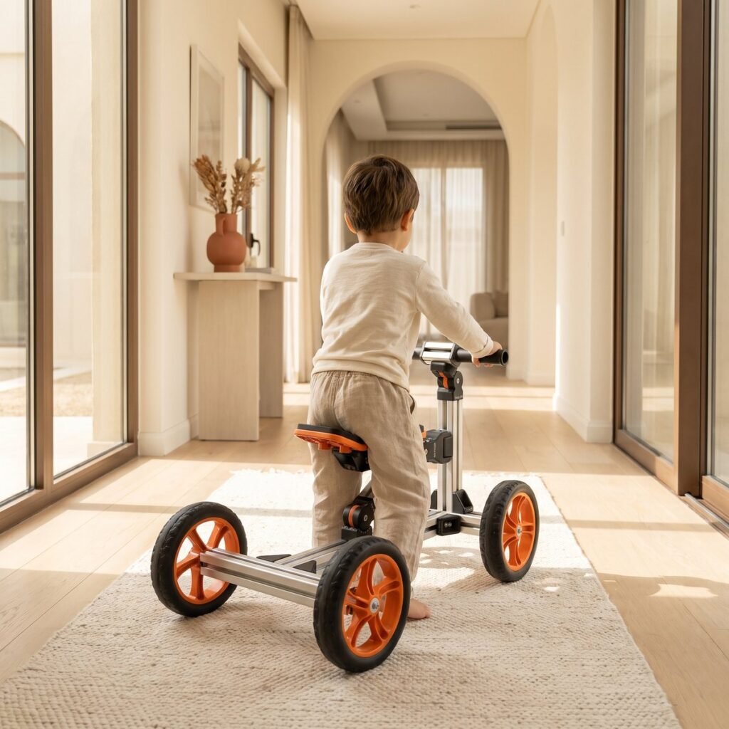 Child riding a modular ride-on at home