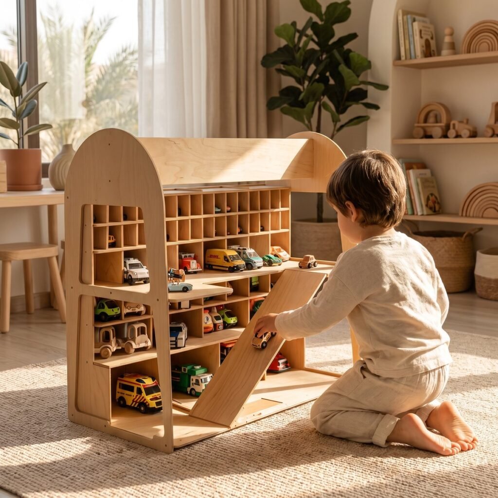 Wooden toy car park