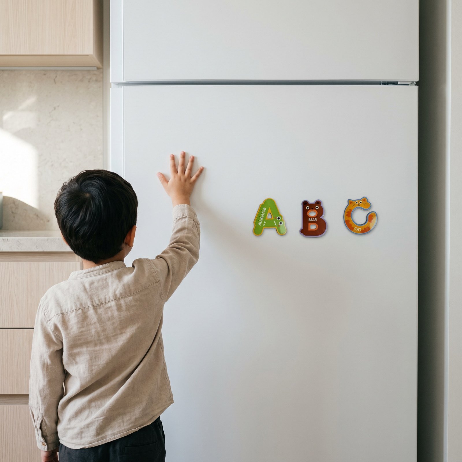 A child at a white fridge door with the Animal Alphabet Magnets on it