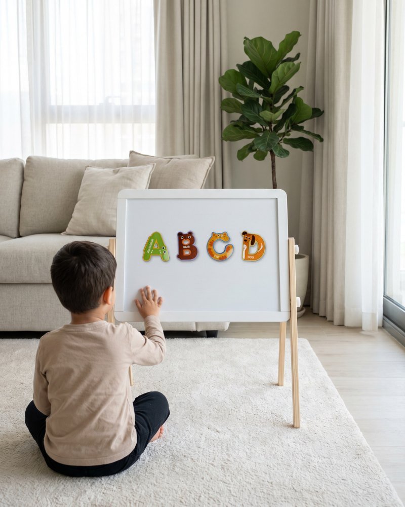 A child sitting in front of a small magnetic board with the magnets on it