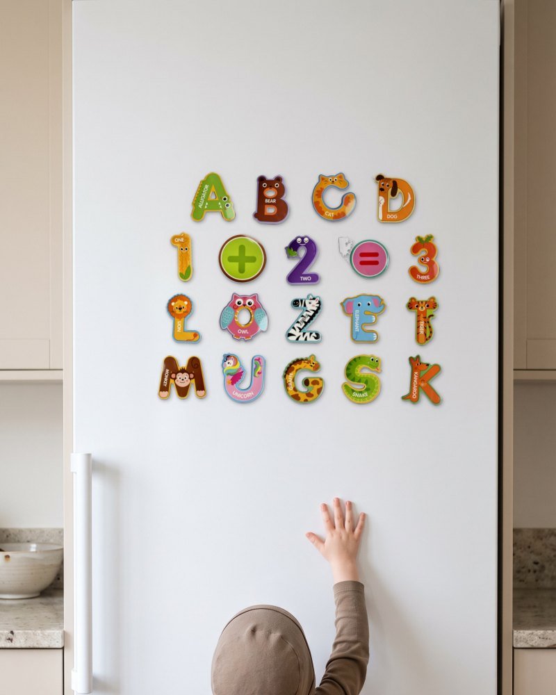 A child reaching up to magnets low on a fridge door