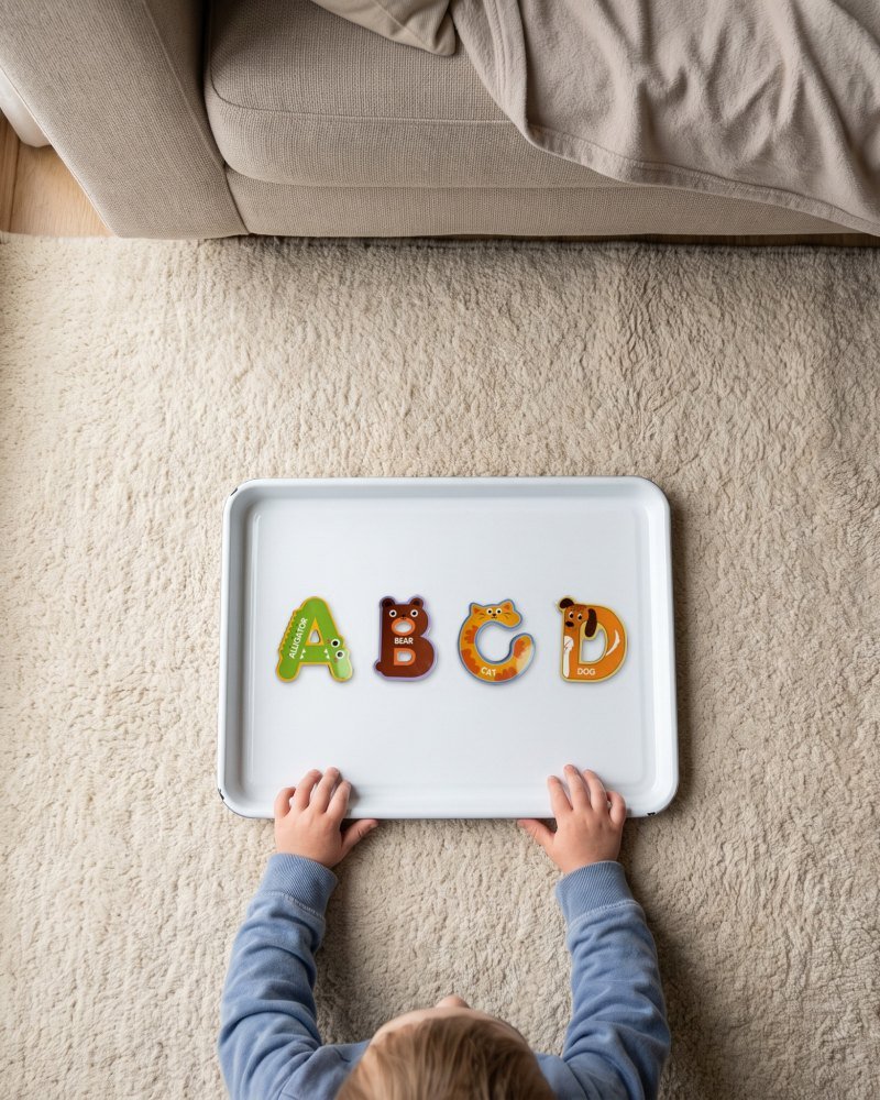 Magnets laid out on a white steel tray on a rug, a child's hands on the rim
