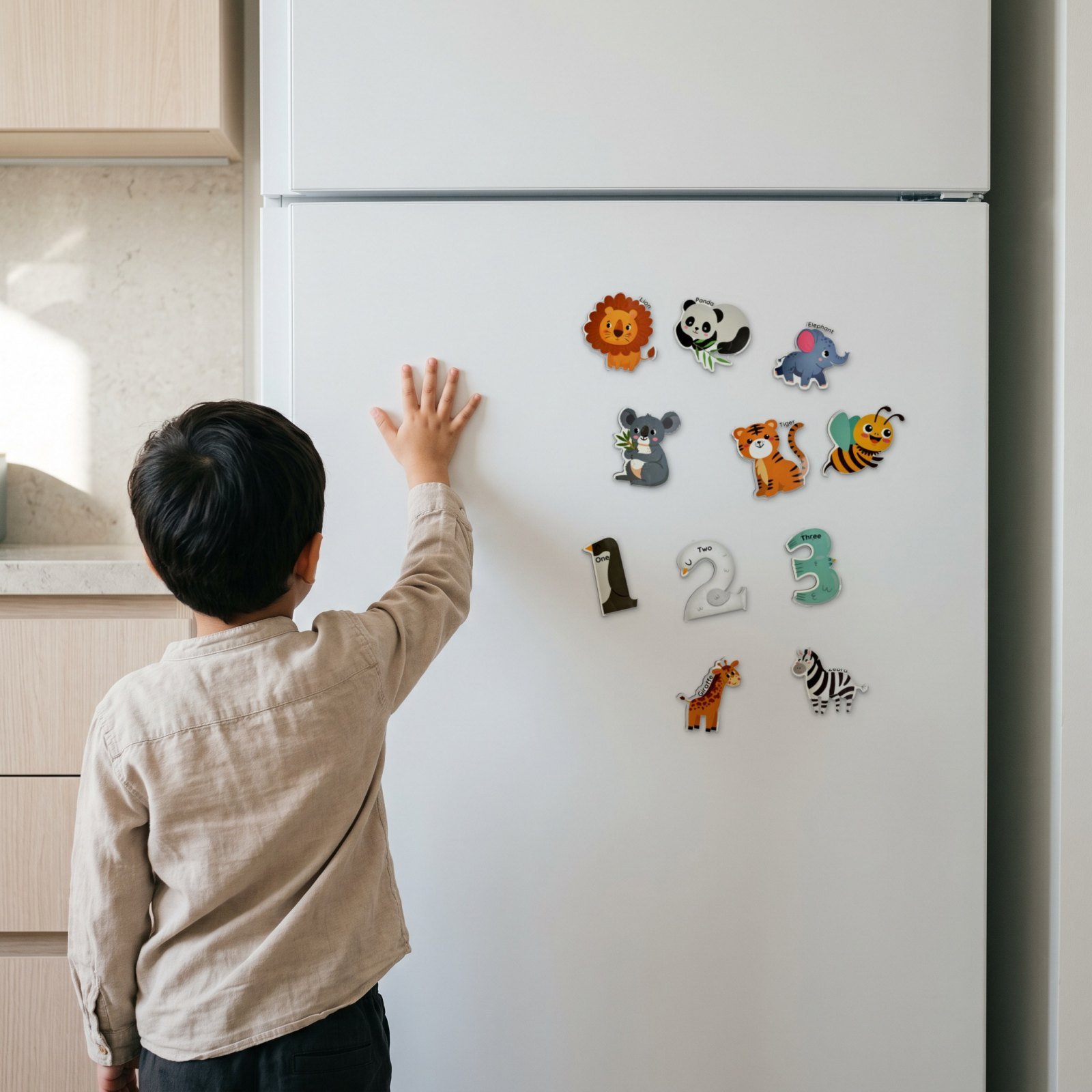 A child at a white fridge door with the Animal & Number Magnets on it