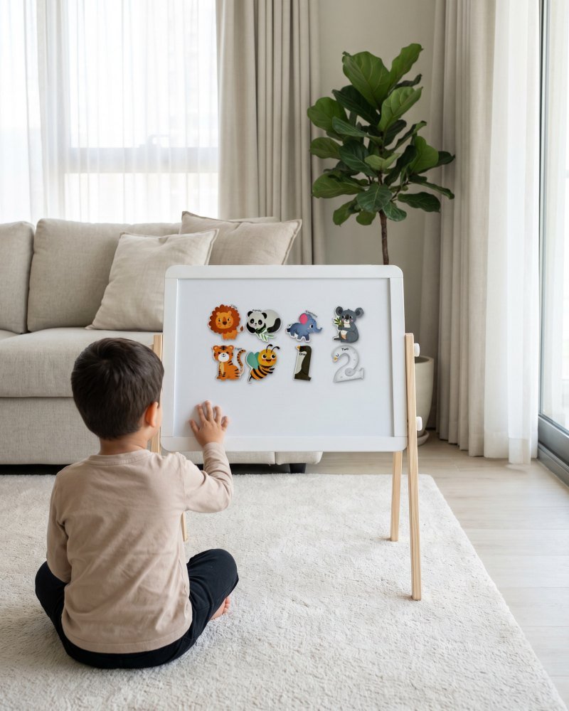 A child sitting in front of a small magnetic board with the magnets on it