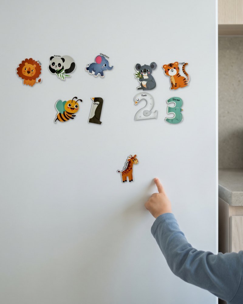 A child's hand placing a magnet on a white fridge door