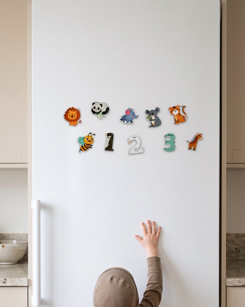 A child reaching up to magnets low on a fridge door
