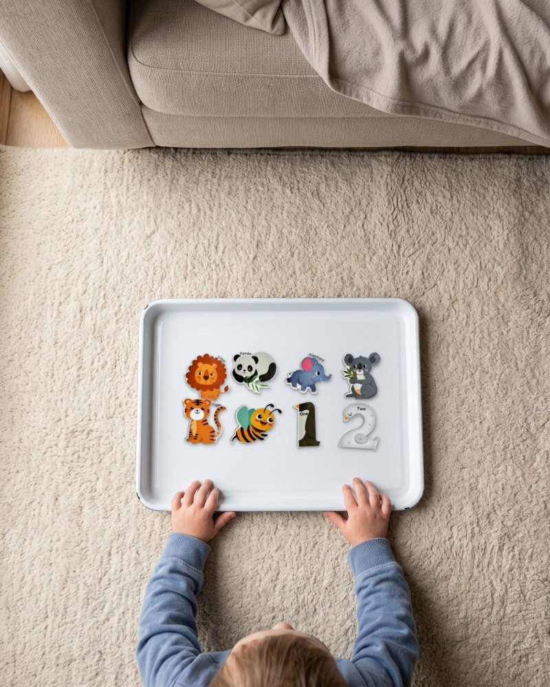 Magnets laid out on a white steel tray on a rug, a child's hands on the rim