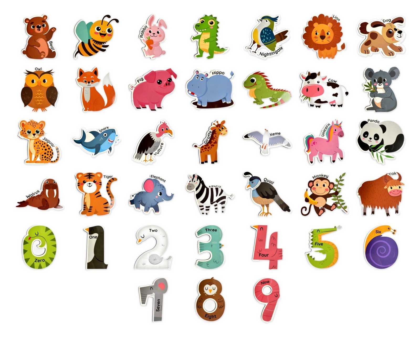 Every piece of the Animal & Number Magnets laid out