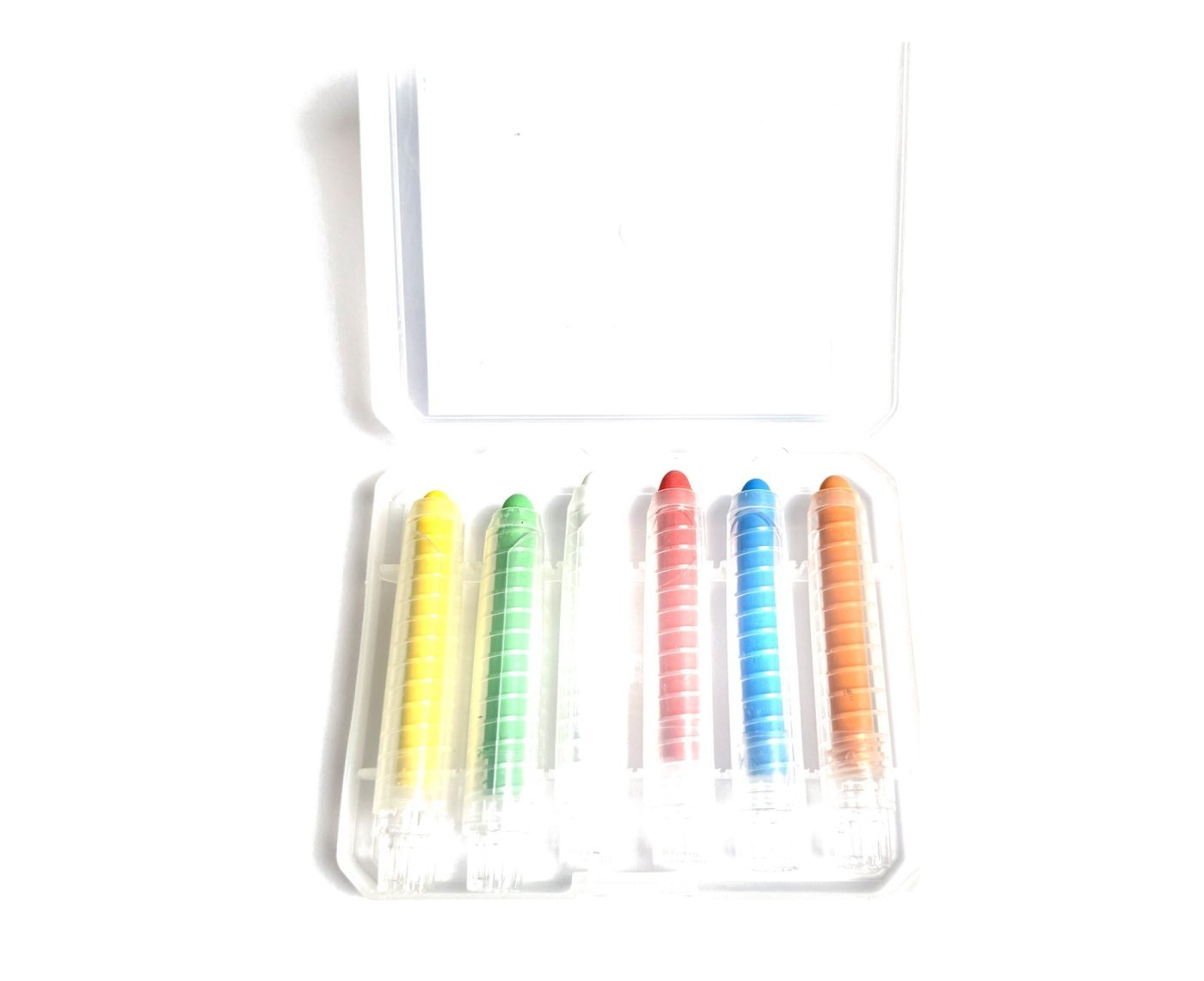 The open plastic case with the six chalks inside