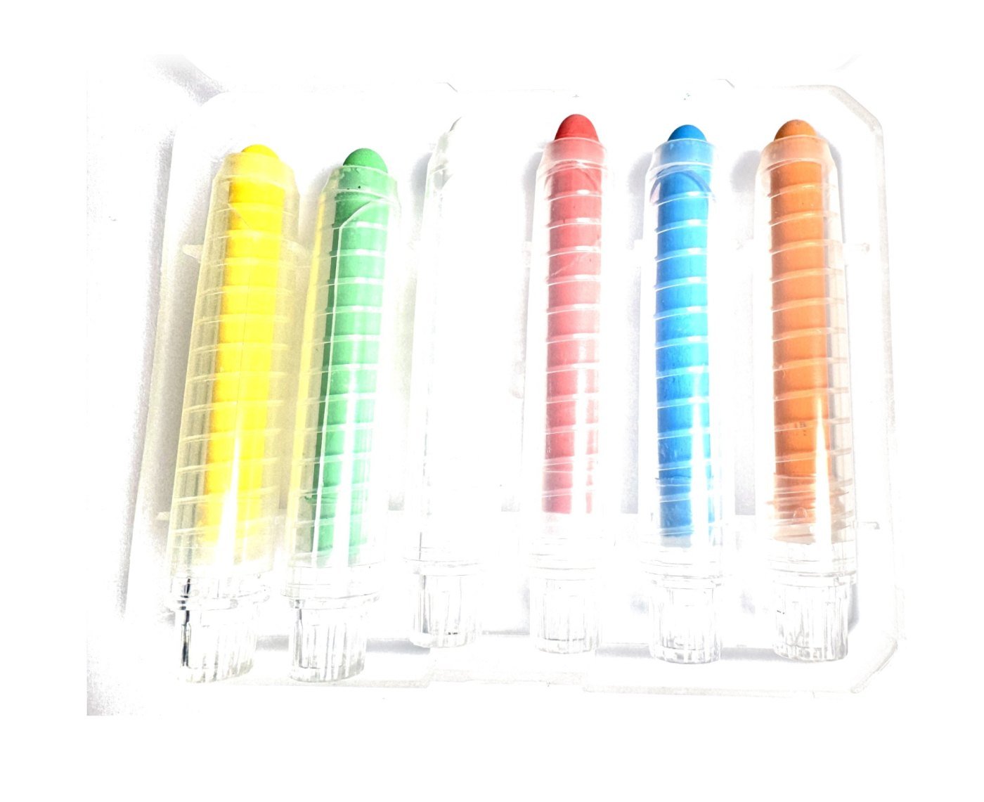 Six chalks in clear holders: yellow, green, white, red, blue and orange