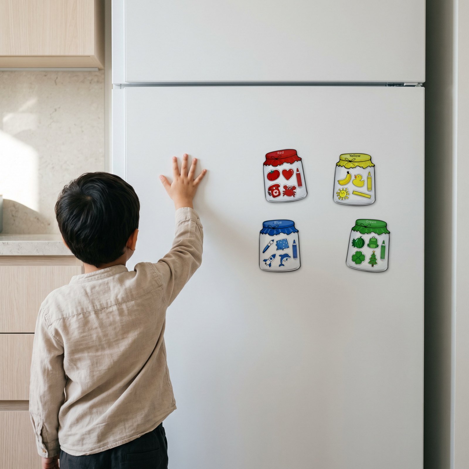 A child at a white fridge door with the Colour-Sorting Jars Magnet Set on it