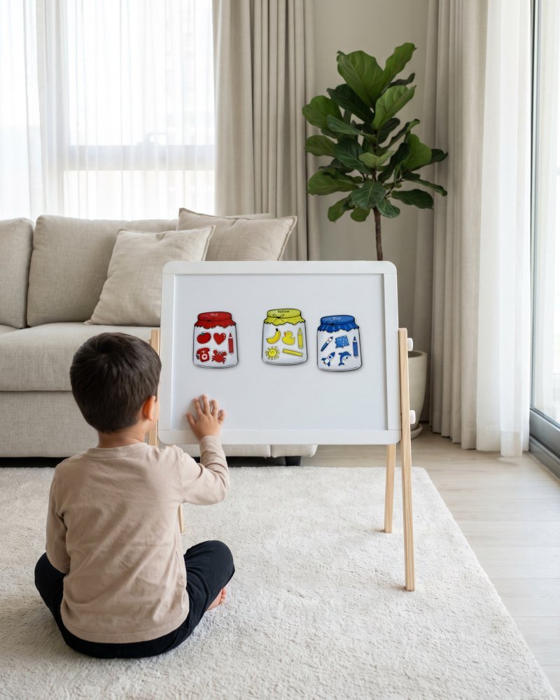 A child sitting in front of a small magnetic board with the magnets on it