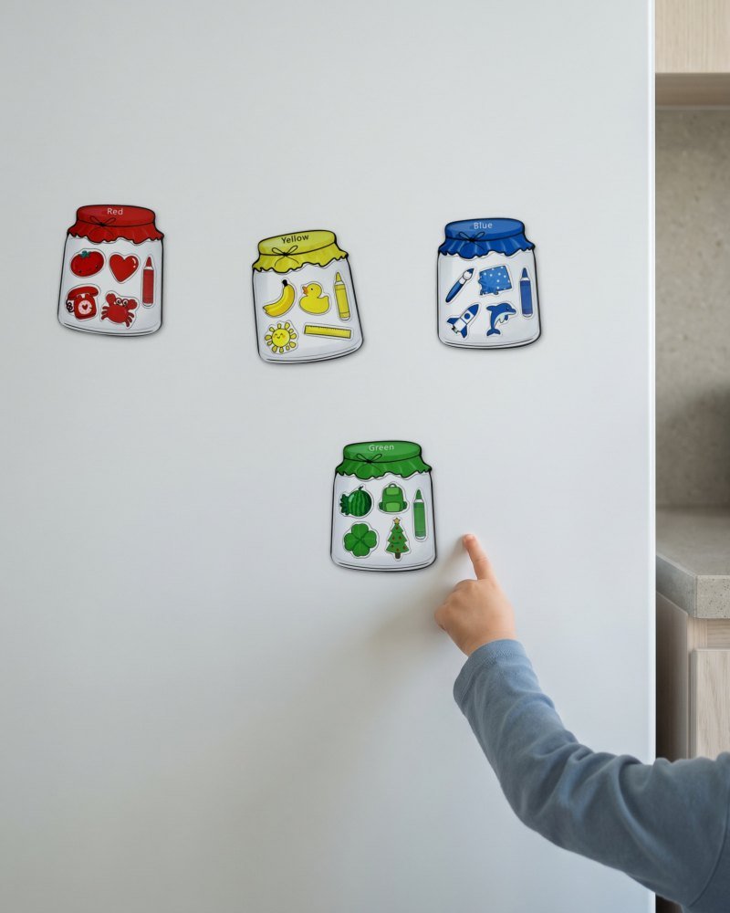 A child's hand placing a magnet on a white fridge door