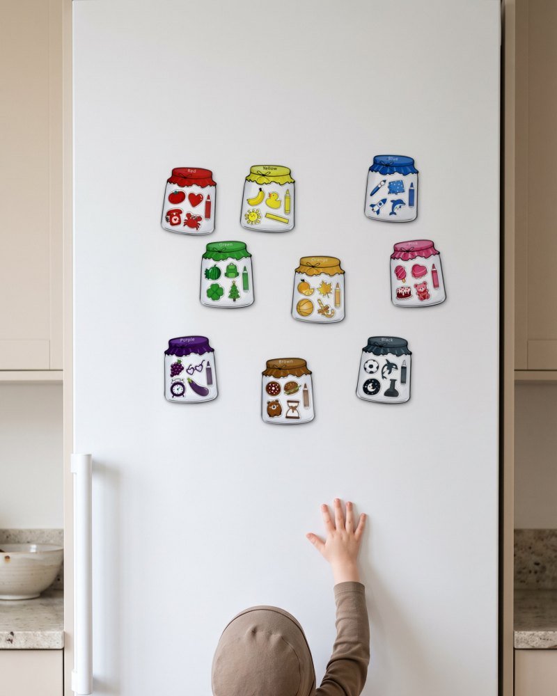 A child reaching up to magnets low on a fridge door