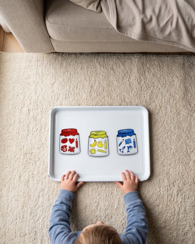 Magnets laid out on a white steel tray on a rug, a child's hands on the rim